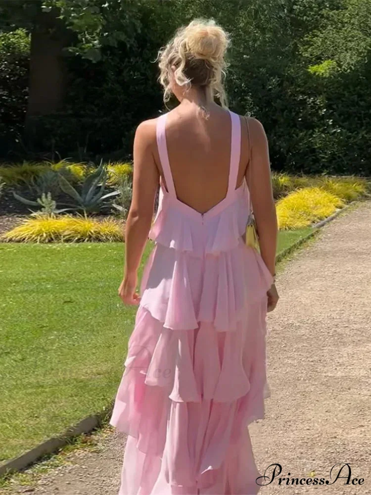 Pink Pleated Stylish Halter Maxi Dress - Image 4