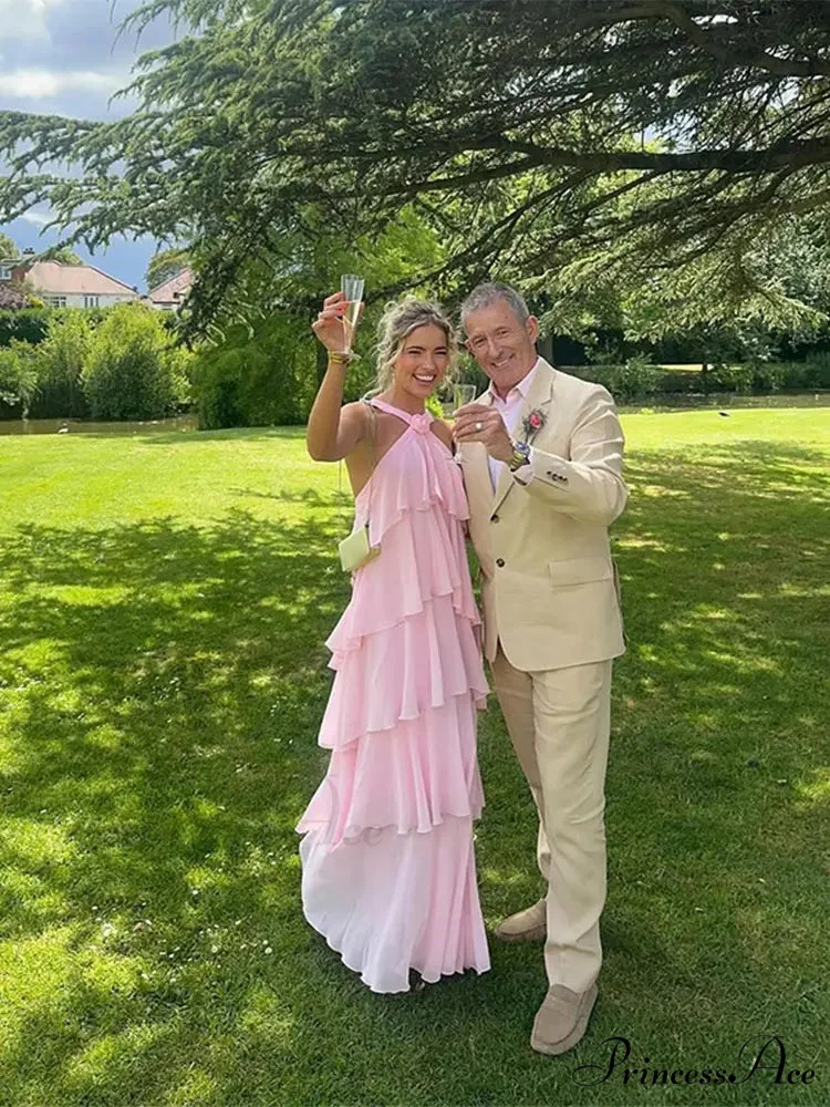 Pink Pleated Stylish Halter Maxi Dress - Image 6