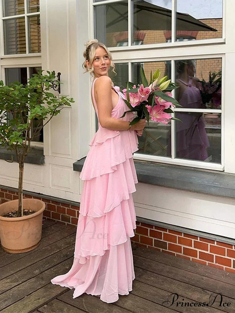 Pink Pleated Stylish Halter Maxi Dress - Image 7