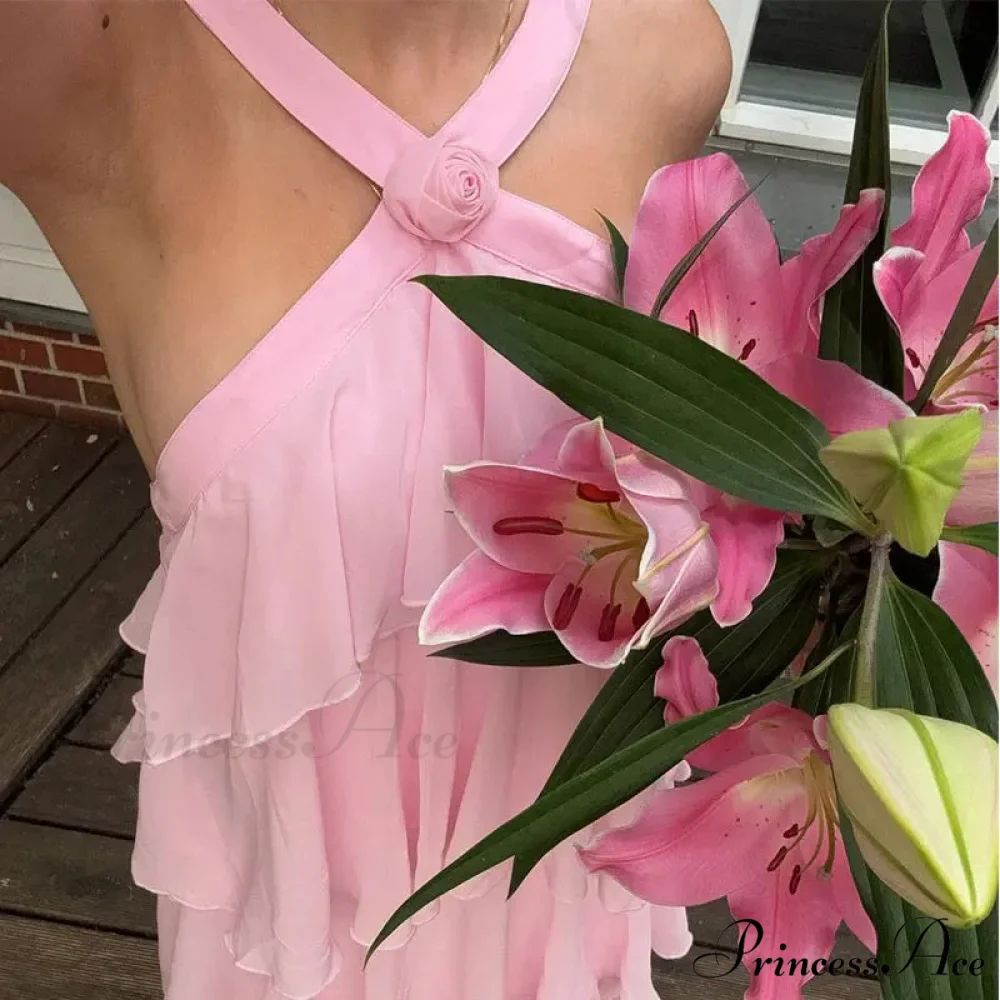 Pink Pleated Stylish Halter Maxi Dress - Image 9