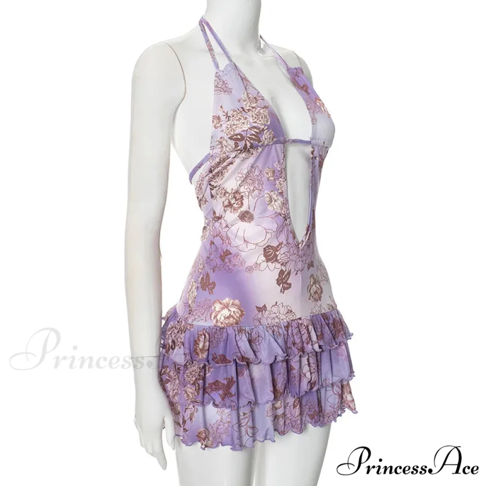 Purple Printed Deep Neck Graceful Frill Mini Strap Dress - Image 10