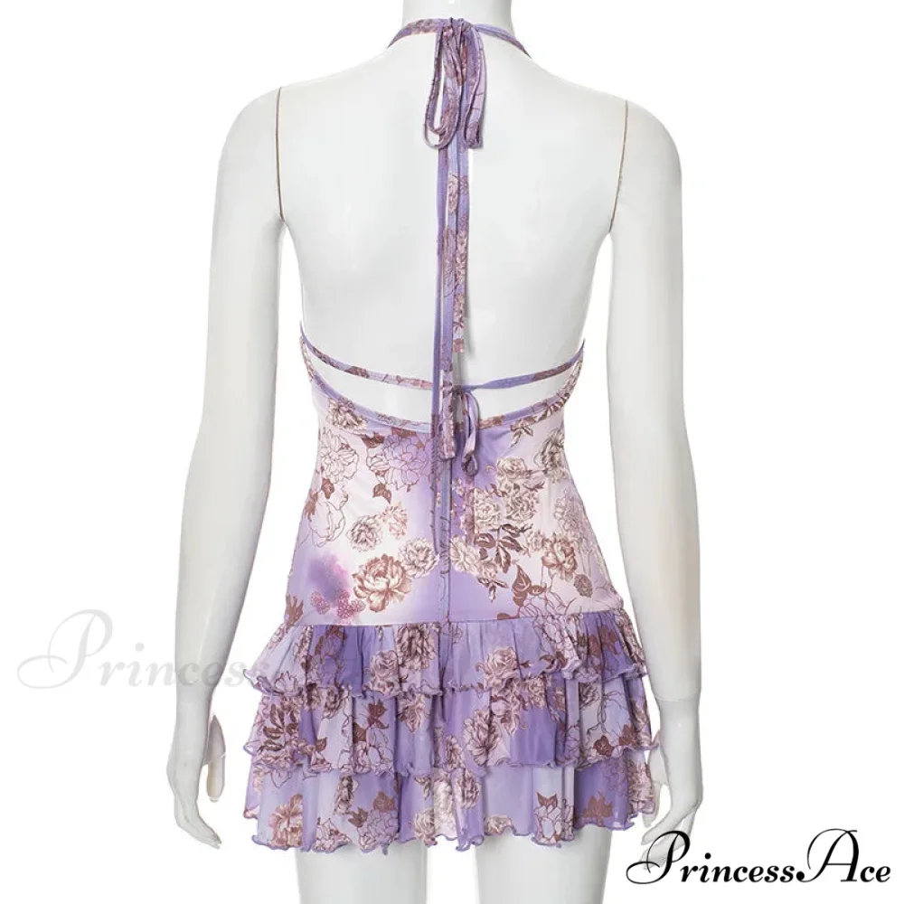 Purple Printed Deep Neck Graceful Frill Mini Strap Dress - Image 11