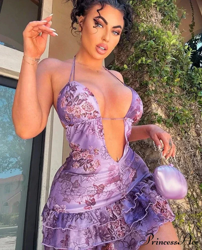 Purple Printed Deep Neck Graceful Frill Mini Strap Dress - Image 2