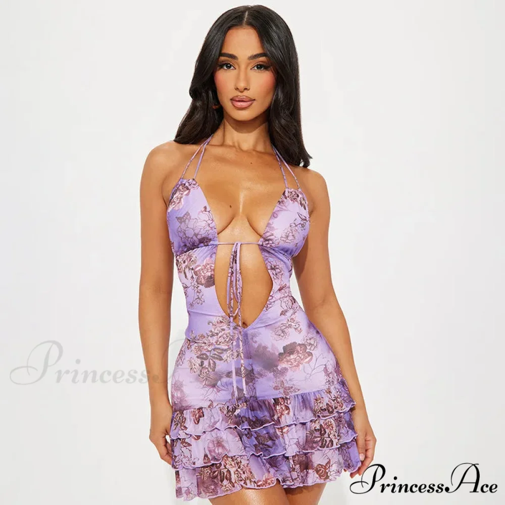Purple Printed Deep Neck Graceful Frill Mini Strap Dress - Image 8