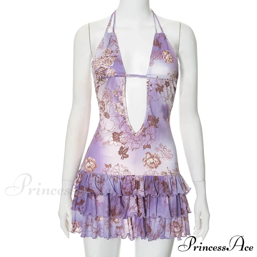 Purple Printed Deep Neck Graceful Frill Mini Strap Dress - Image 9