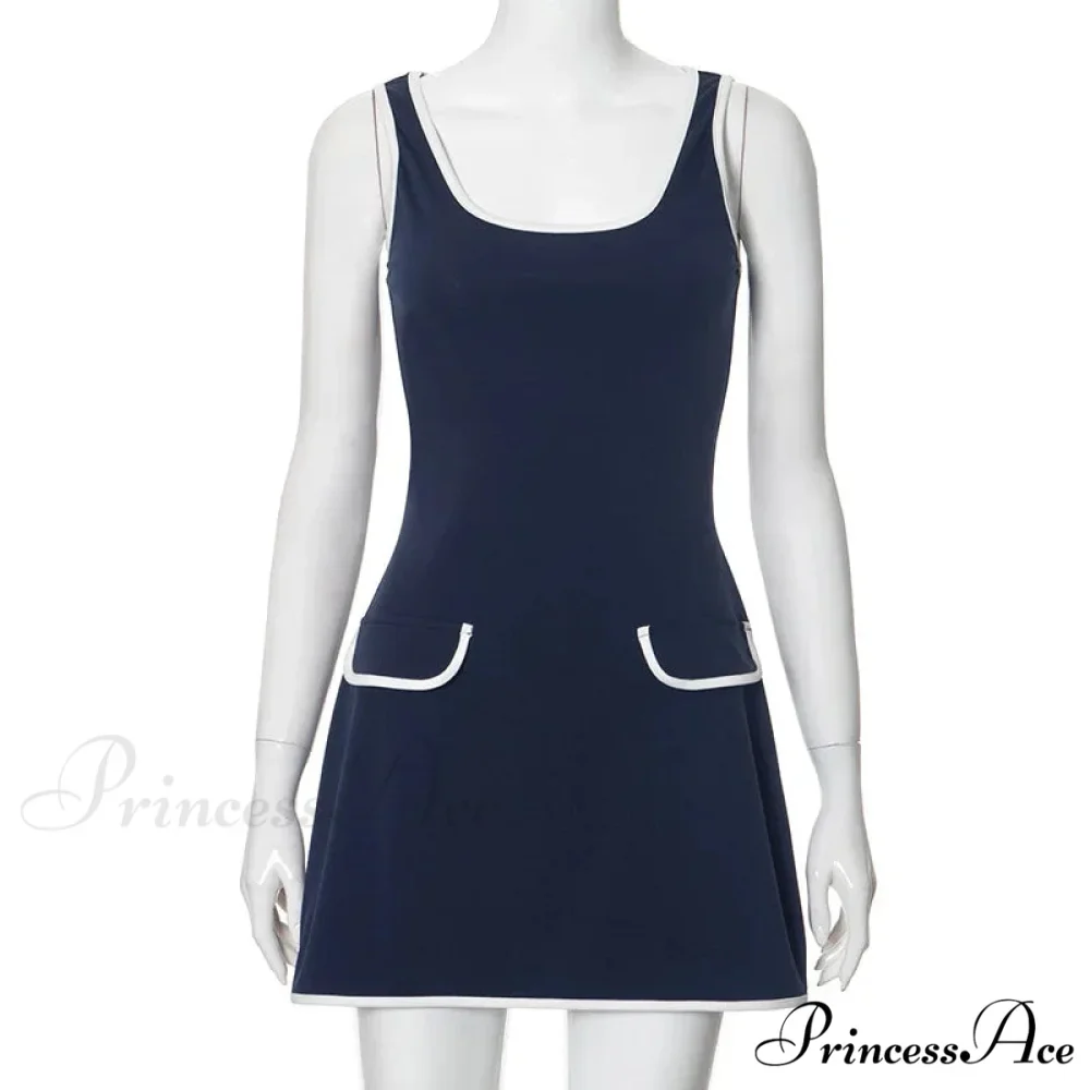 Contrast Seam Blue Charming Mock Pocket Mini Dress - Image 5