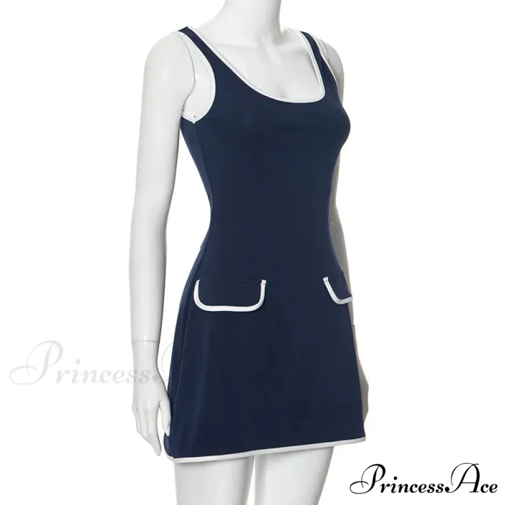 Contrast Seam Blue Charming Mock Pocket Mini Dress - Image 6