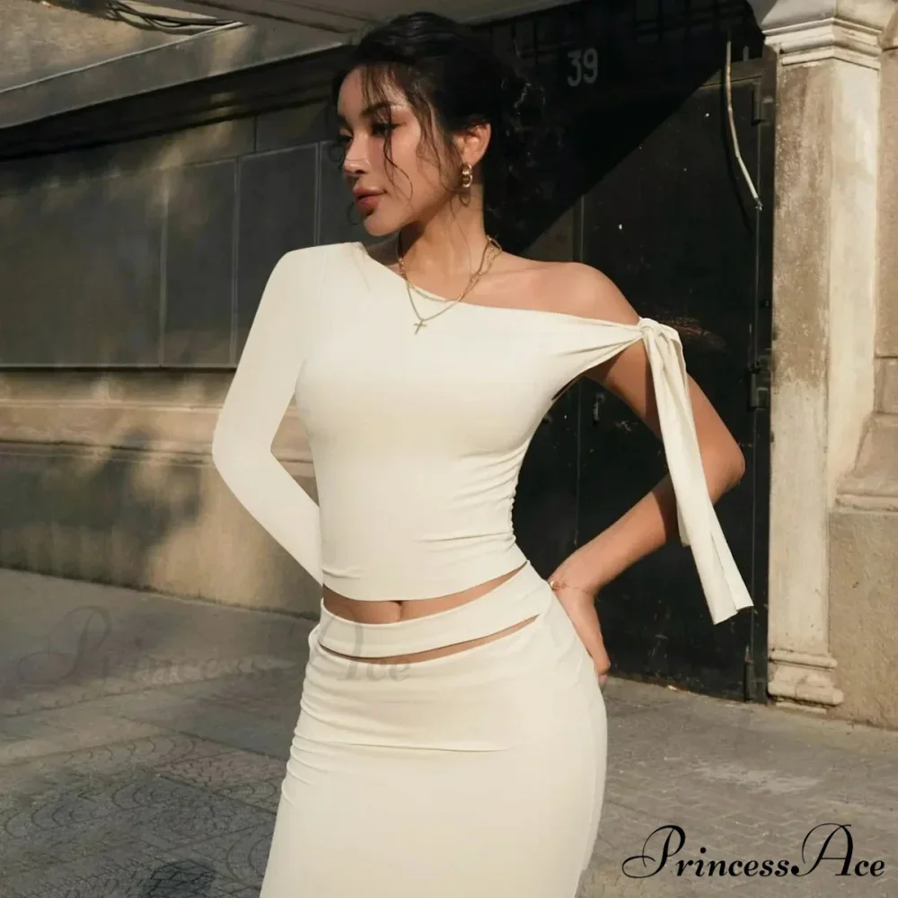 One Shoulder Long Charming Sleeve Tie Up Top - Image 10