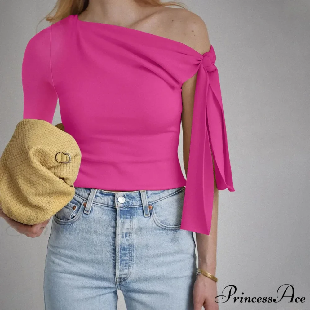 One Shoulder Long Charming Sleeve Tie Up Top - Image 14