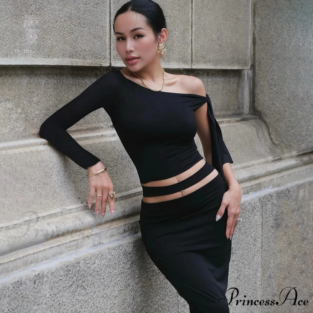 One Shoulder Long Charming Sleeve Tie Up Top - Image 15