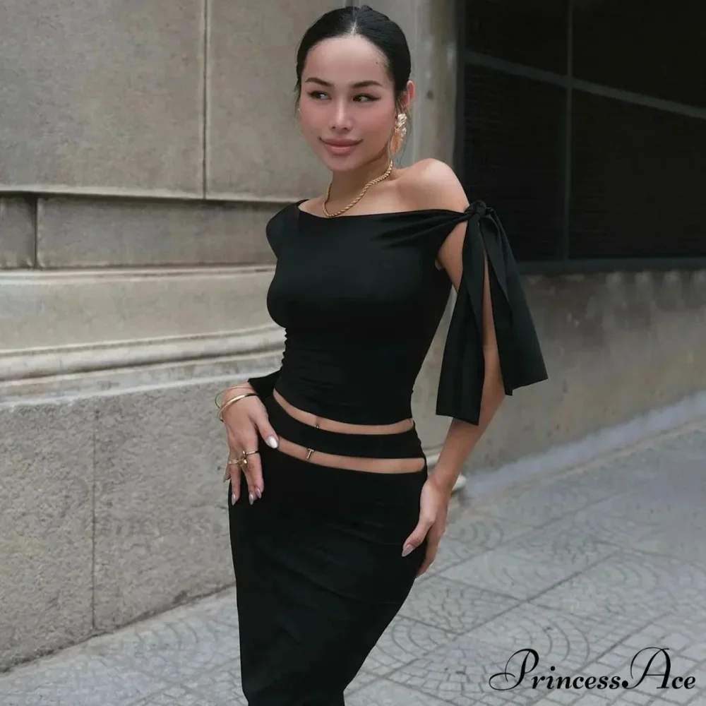 One Shoulder Long Charming Sleeve Tie Up Top - Image 16
