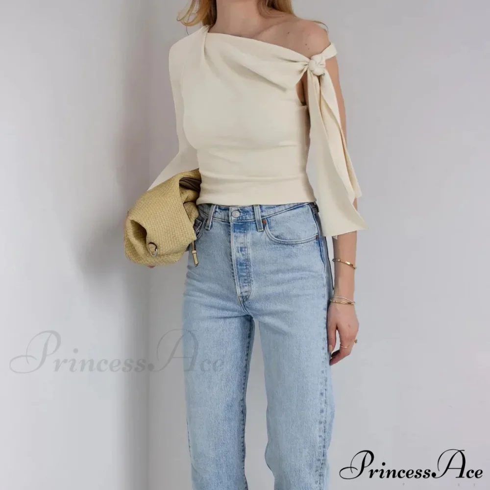 One Shoulder Long Charming Sleeve Tie Up Top - Image 17