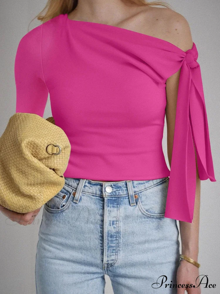 One Shoulder Long Charming Sleeve Tie Up Top - Image 2