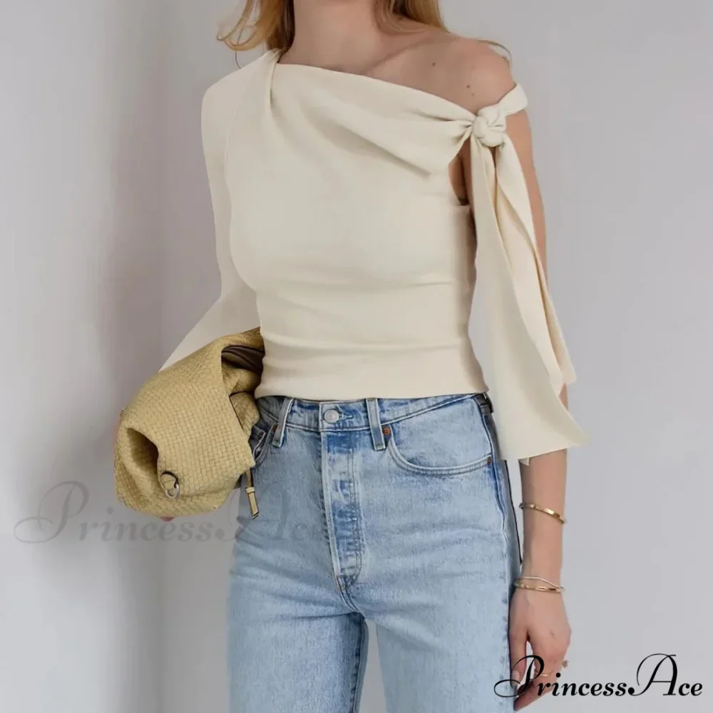 One Shoulder Long Charming Sleeve Tie Up Top - Image 22