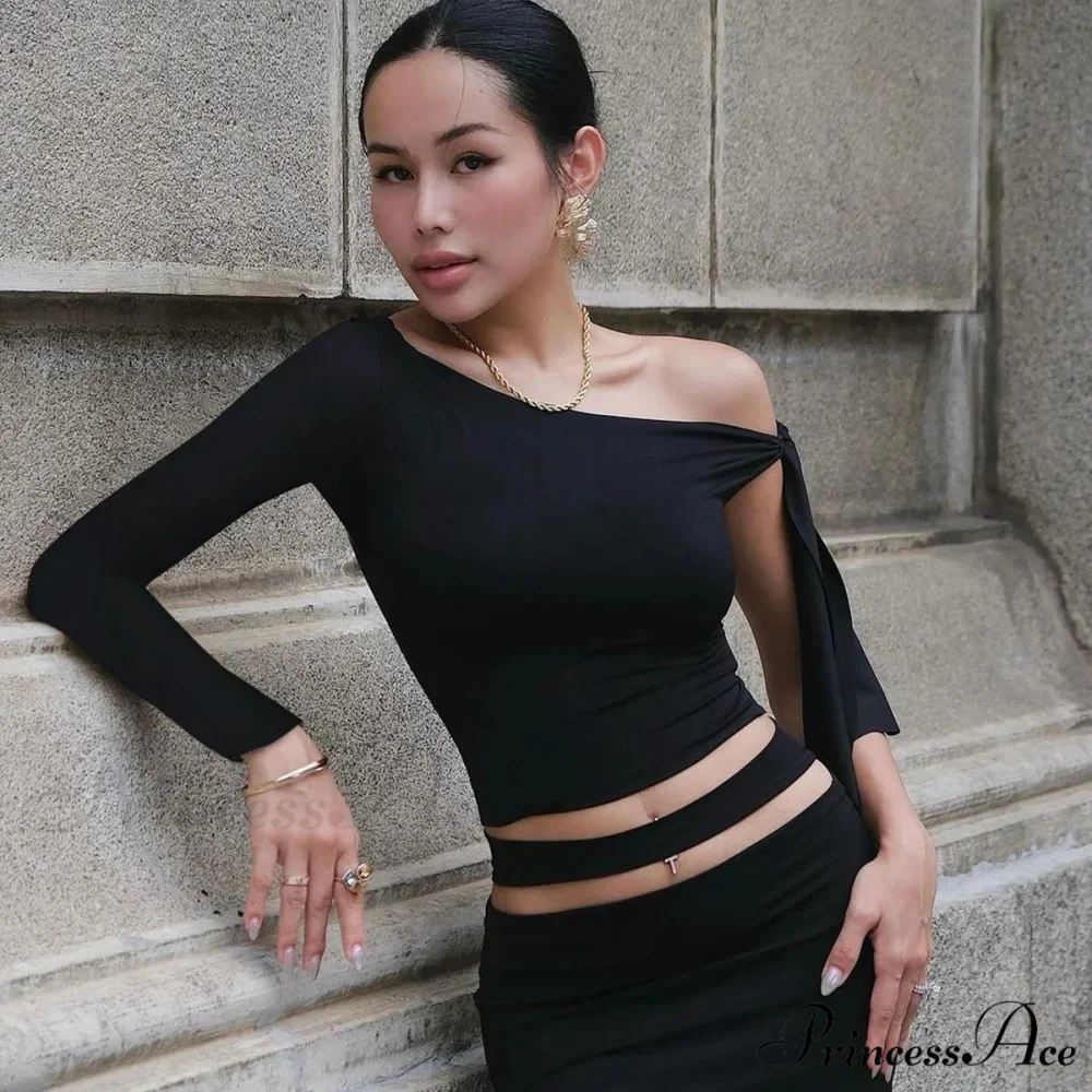 One Shoulder Long Charming Sleeve Tie Up Top - Image 23