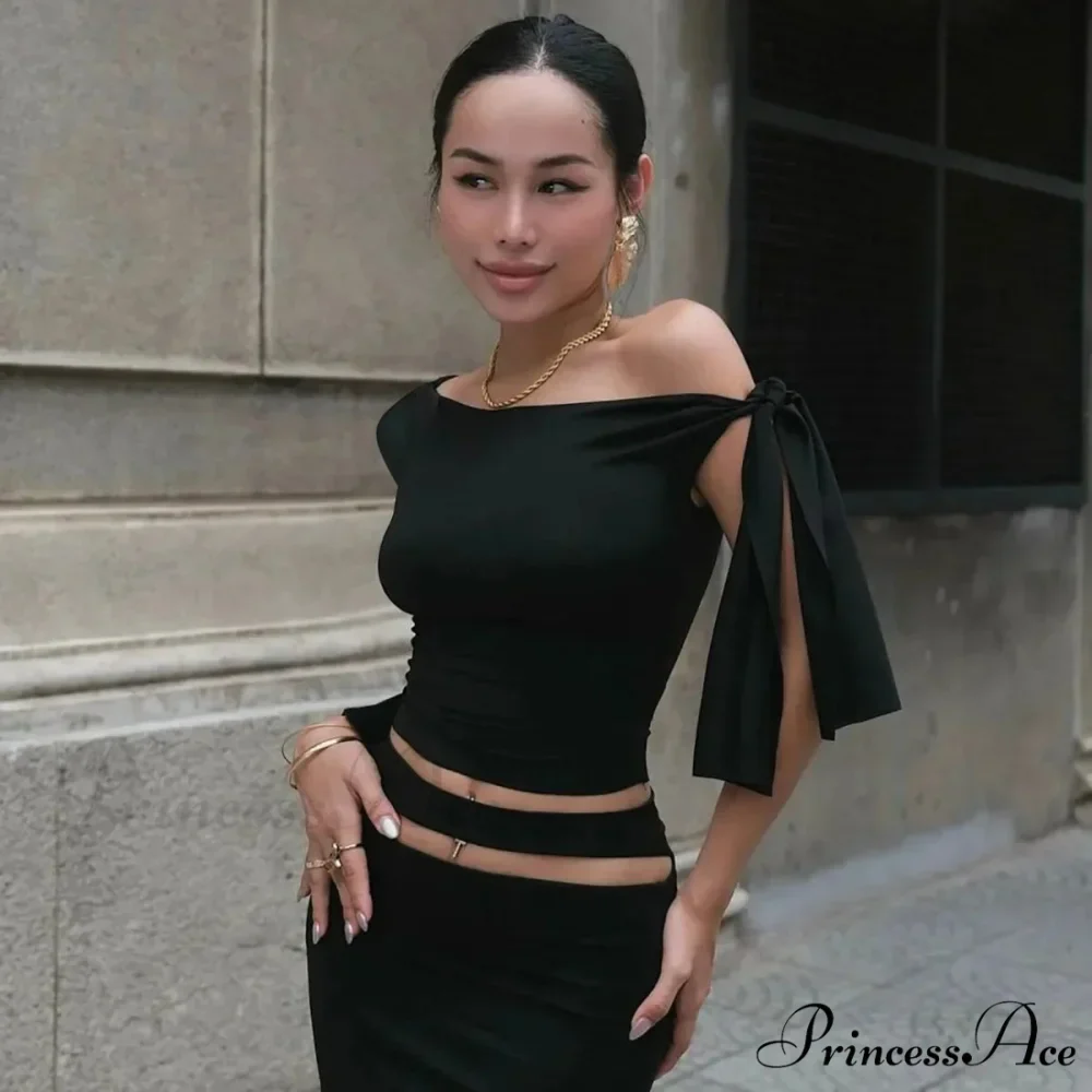 One Shoulder Long Charming Sleeve Tie Up Top - Image 24