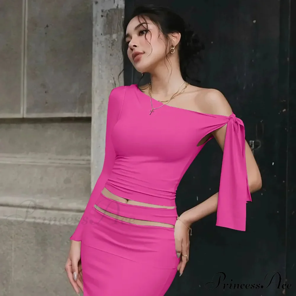 One Shoulder Long Charming Sleeve Tie Up Top - Image 9