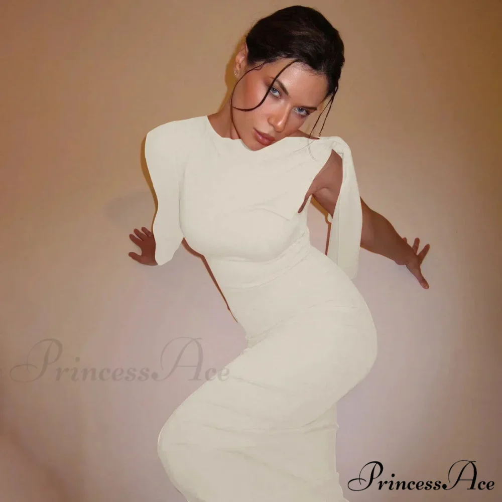 Long Sleeve One Shoulder Graceful Tie Up Bodycon Maxi Dress - Image 17