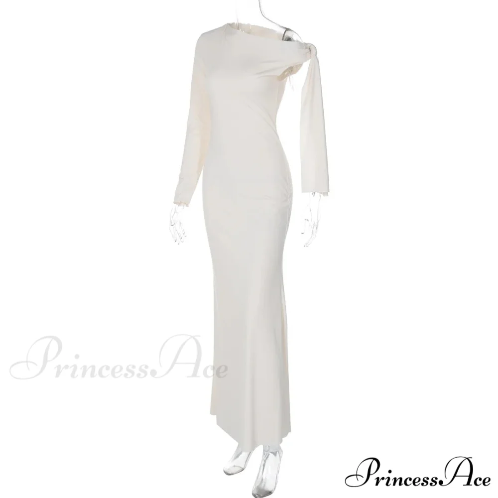 Long Sleeve One Shoulder Graceful Tie Up Bodycon Maxi Dress - Image 19