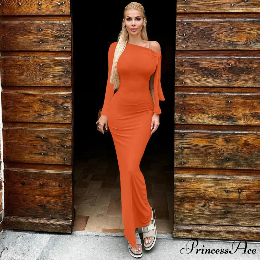 Long Sleeve One Shoulder Graceful Tie Up Bodycon Maxi Dress - Image 2