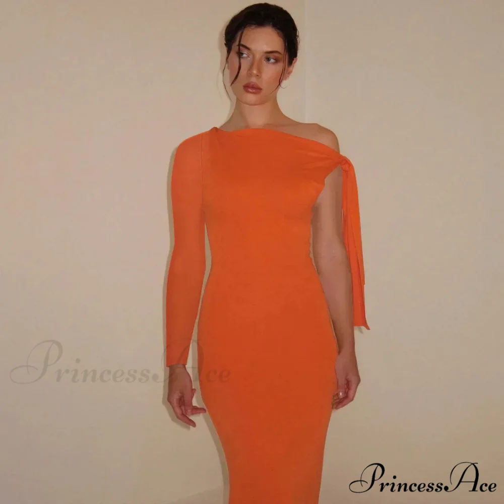 Long Sleeve One Shoulder Graceful Tie Up Bodycon Maxi Dress - Image 3