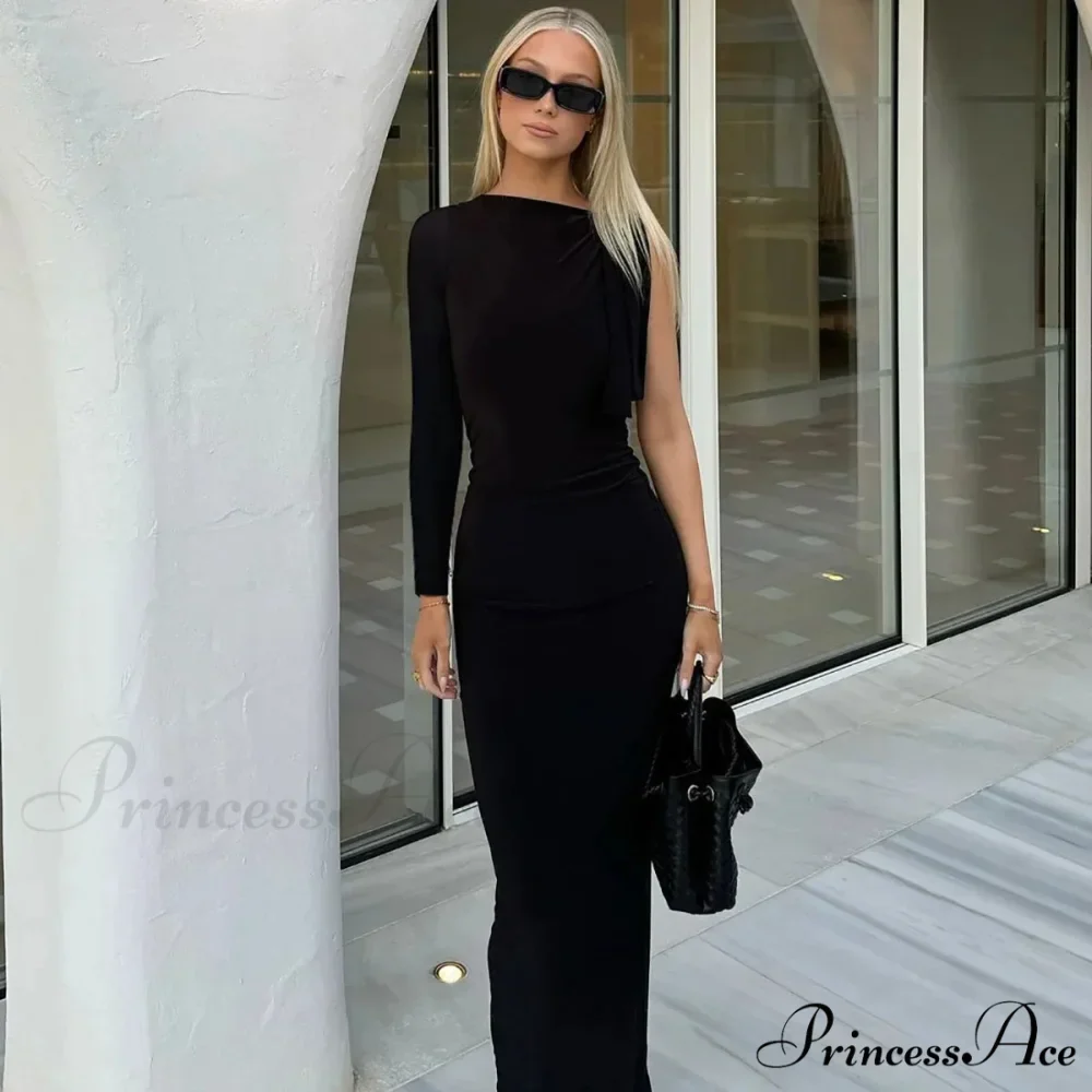 Long Sleeve One Shoulder Graceful Tie Up Bodycon Maxi Dress - Image 9