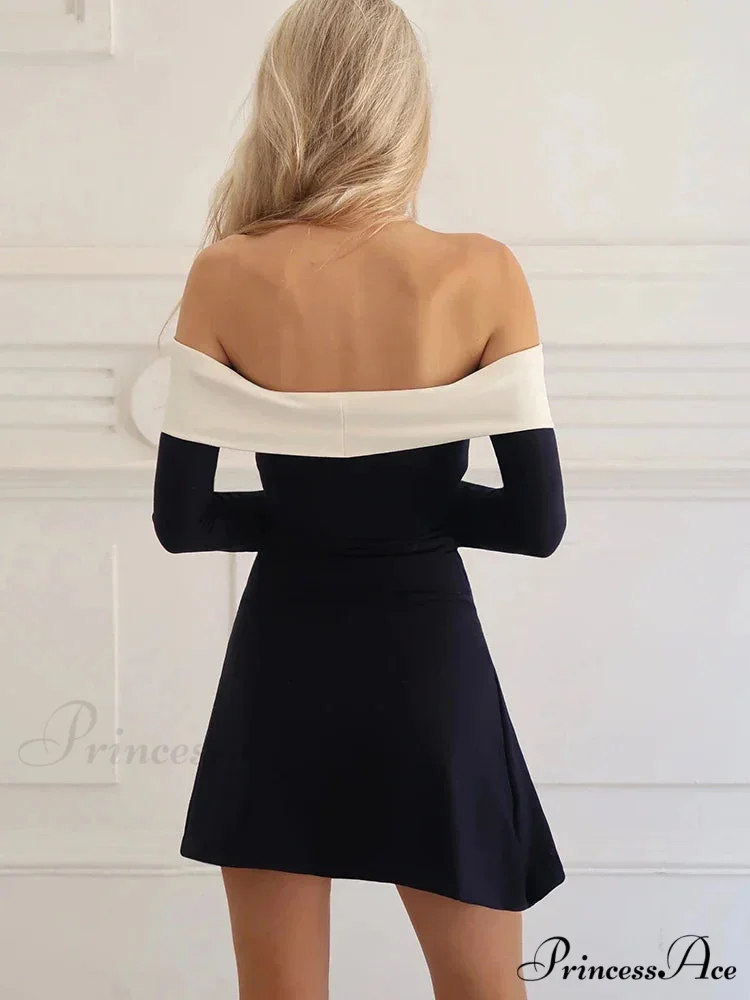 Off-Shoulder Colourblock Long Charming Sleeve Mini Dress - Image 3