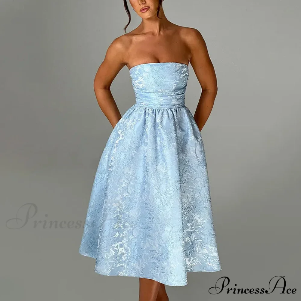 Satin Jacquard Printed Charming Tube Flare Midi Dress - Image 10