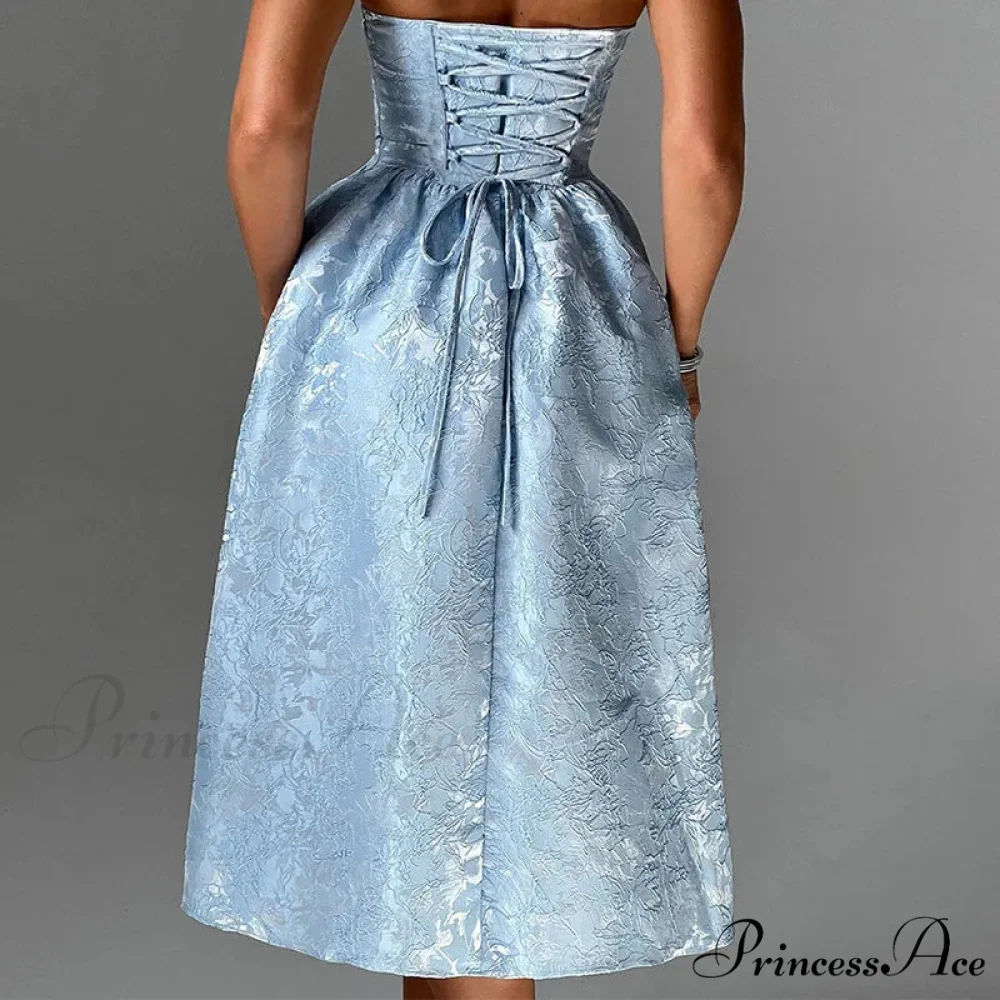 Satin Jacquard Printed Charming Tube Flare Midi Dress - Image 11