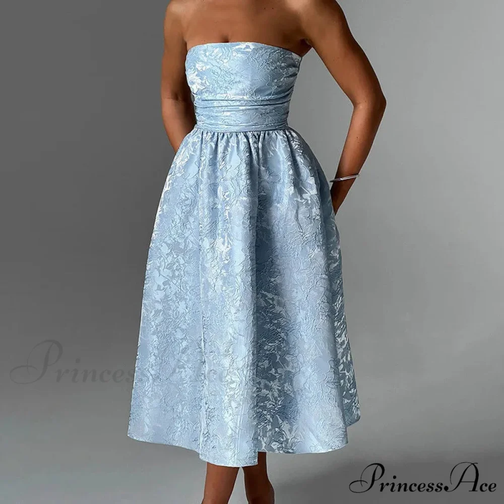 Satin Jacquard Printed Charming Tube Flare Midi Dress - Image 12