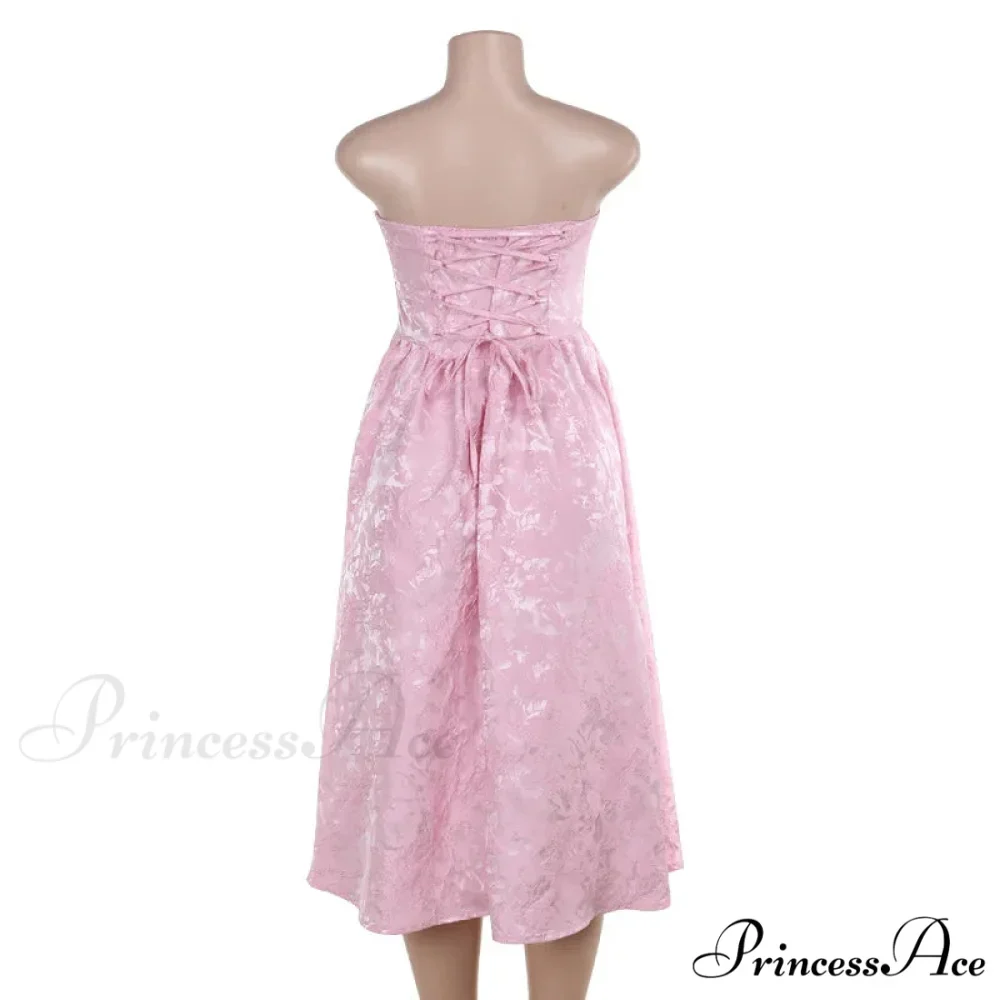 Satin Jacquard Printed Charming Tube Flare Midi Dress - Image 14