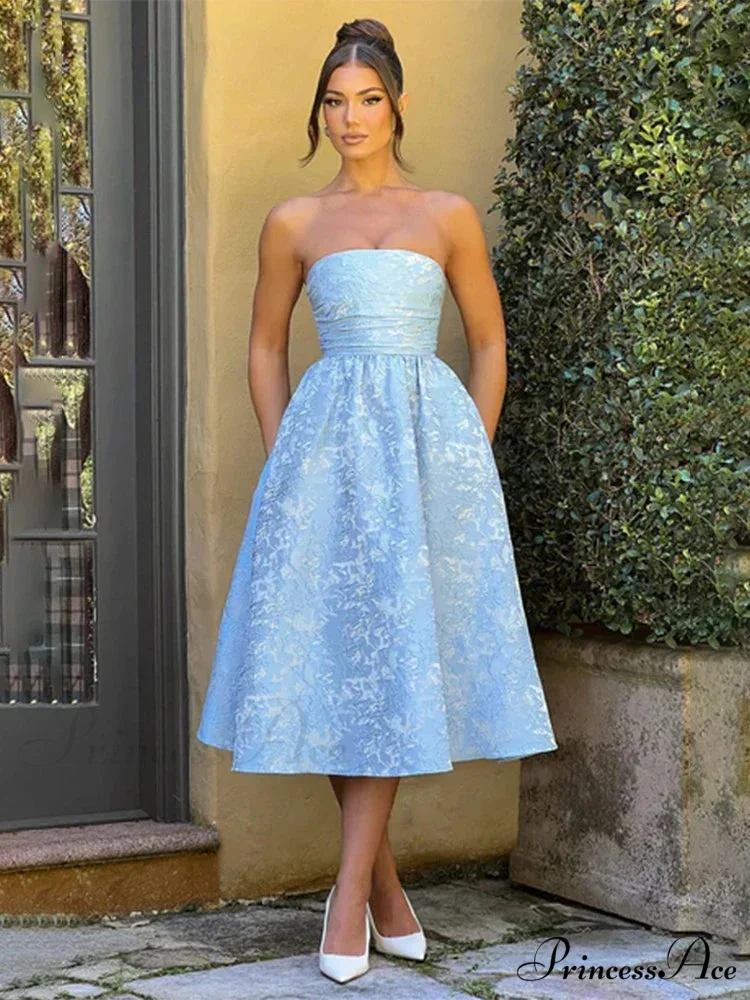 Satin Jacquard Printed Charming Tube Flare Midi Dress - Image 2