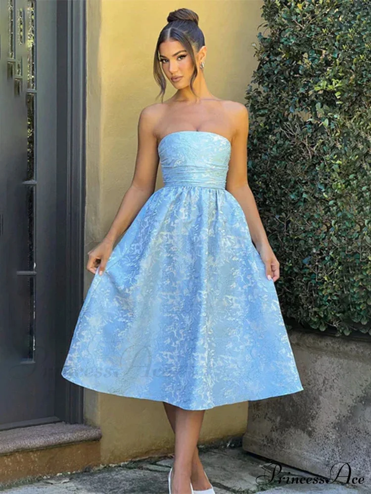 Satin Jacquard Printed Charming Tube Flare Midi Dress - Image 3