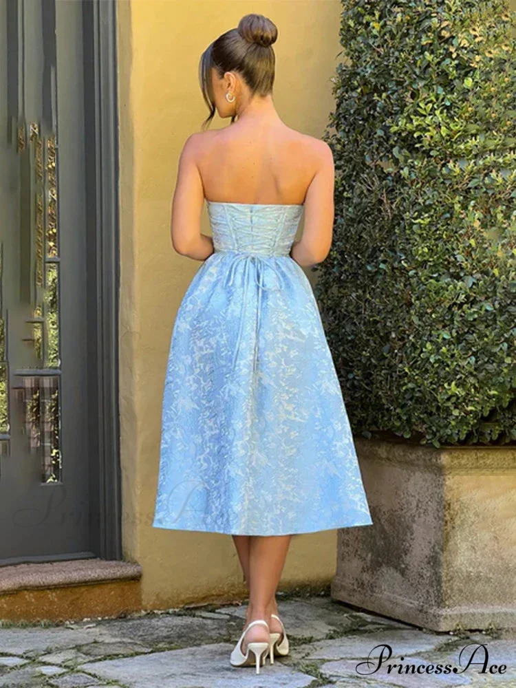 Satin Jacquard Printed Charming Tube Flare Midi Dress - Image 4