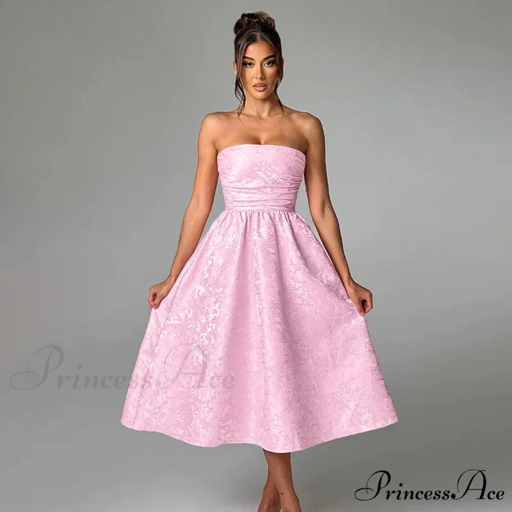 Satin Jacquard Printed Charming Tube Flare Midi Dress - Image 6