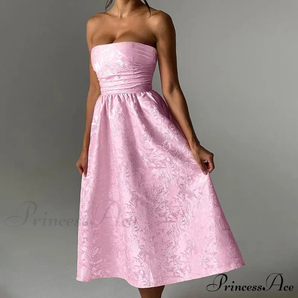 Satin Jacquard Printed Charming Tube Flare Midi Dress - Image 7