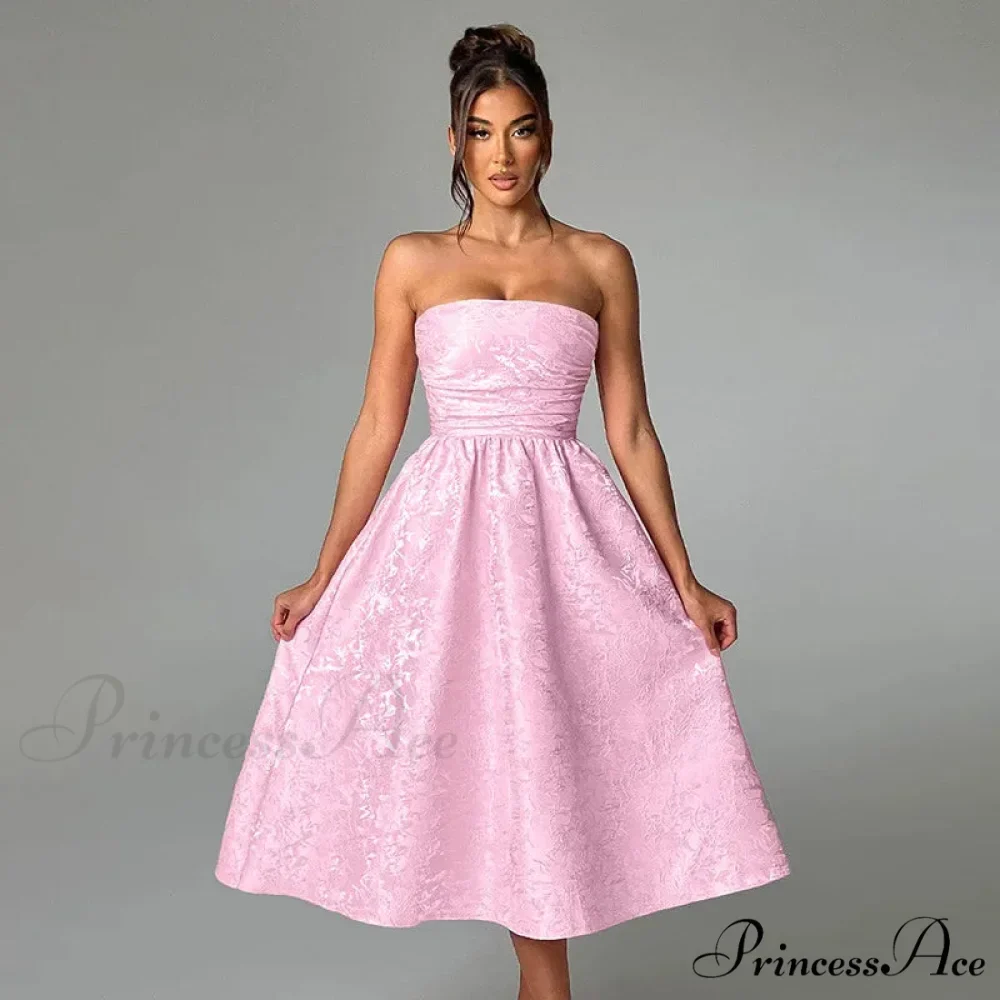 Satin Jacquard Printed Charming Tube Flare Midi Dress - Image 8