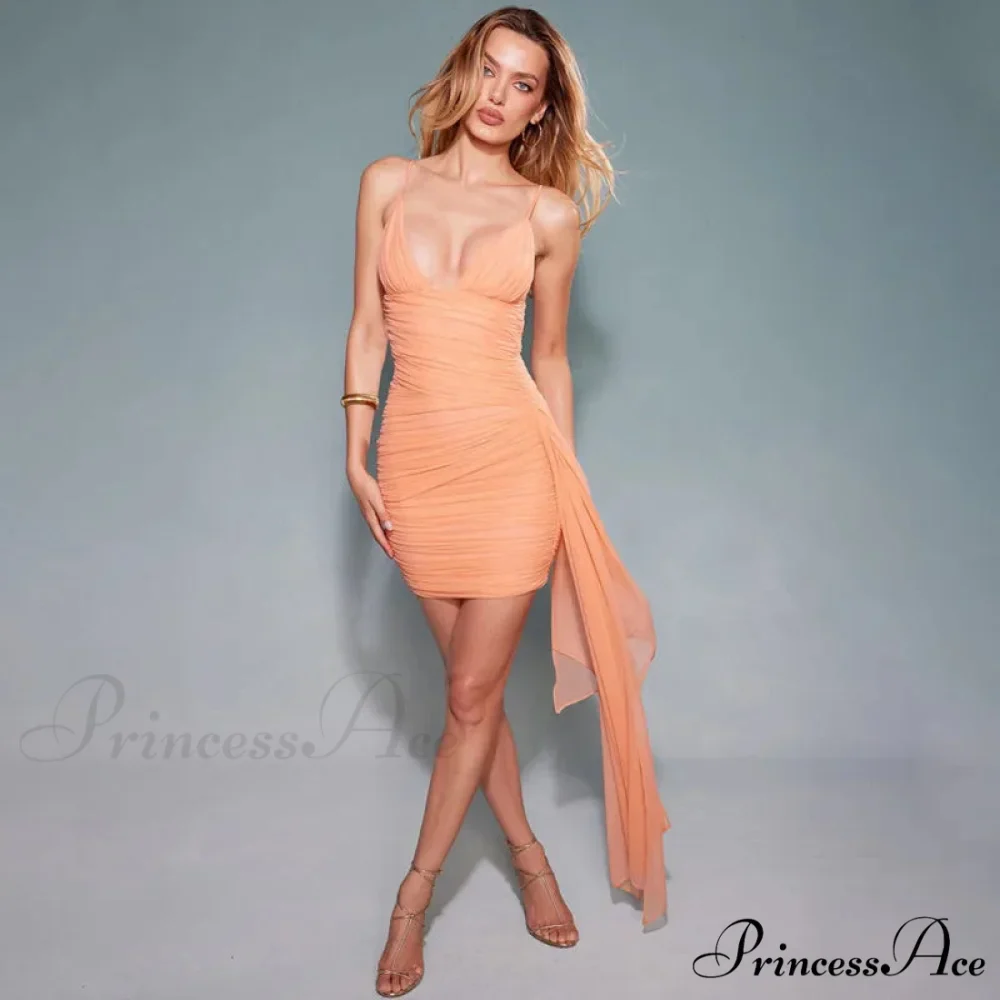Orange V-neck Bandage Charming Bodycon Mini Dress - Image 4