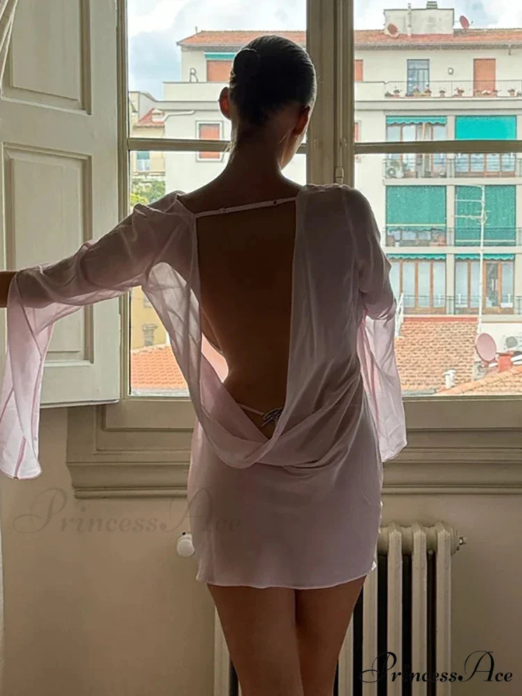 Pink Sheer Backless Charming Long Sleeve Mini Dress - Image 4
