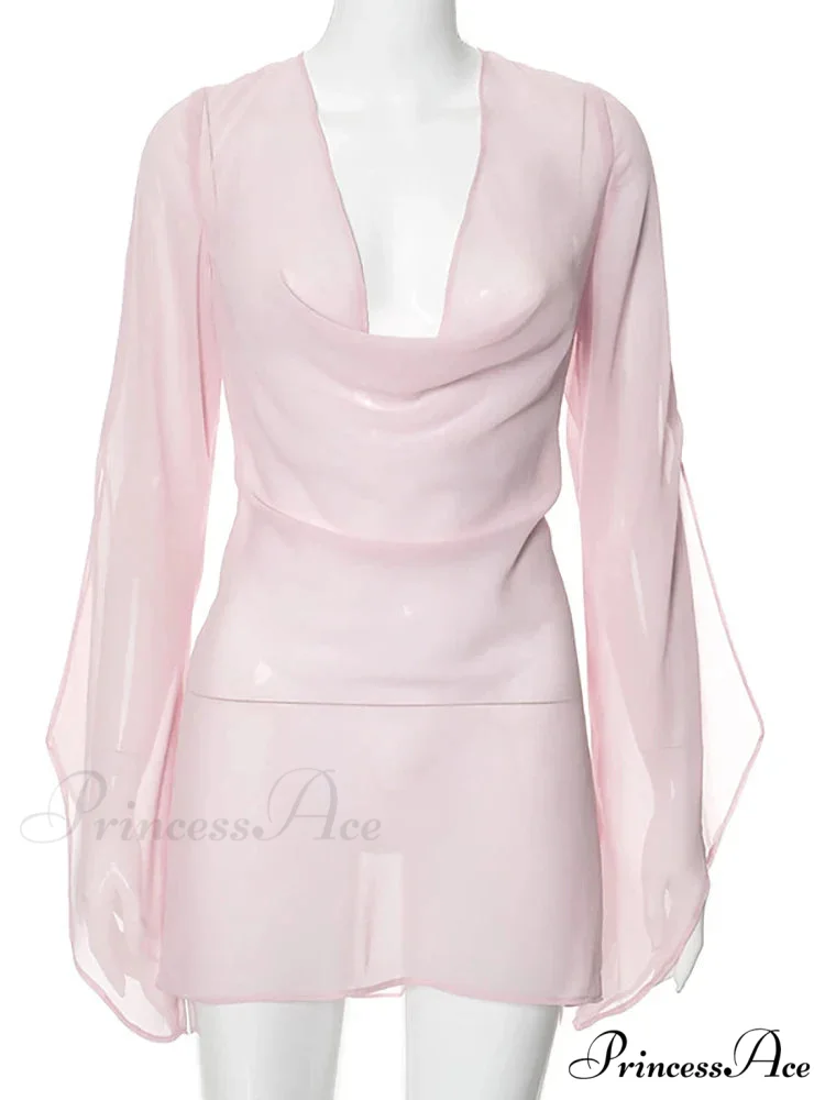 Pink Sheer Backless Charming Long Sleeve Mini Dress - Image 5