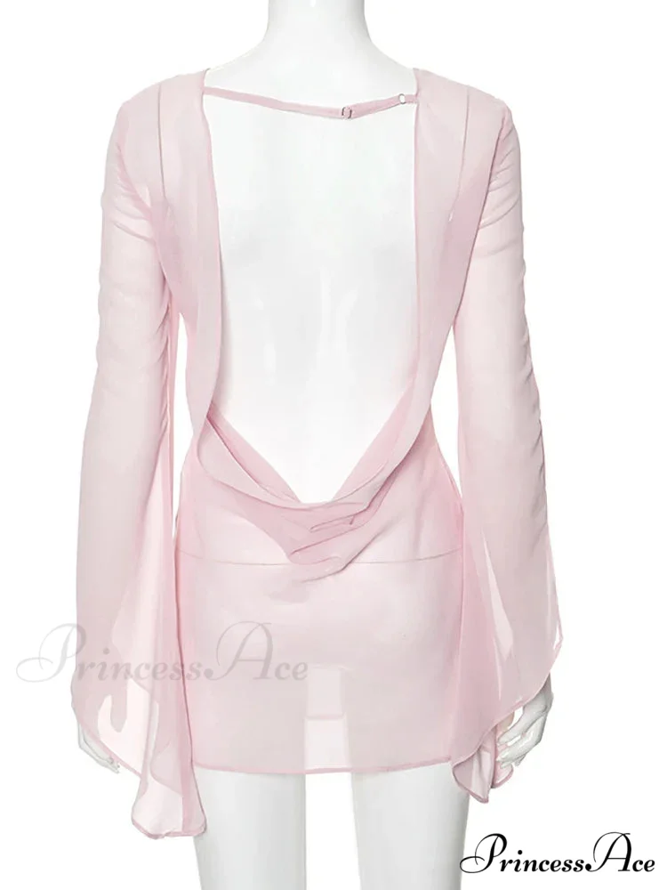 Pink Sheer Backless Charming Long Sleeve Mini Dress - Image 6