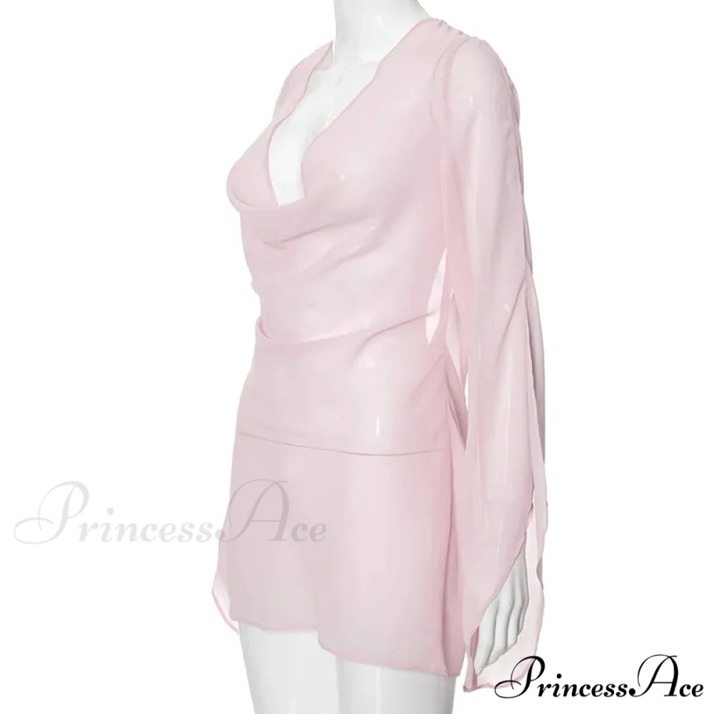 Pink Sheer Backless Charming Long Sleeve Mini Dress - Image 7