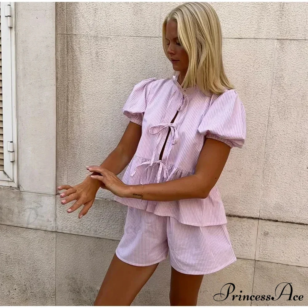Pink Stripe Puff Sleeve Graceful Bow Top And Shorts Set - Image 2