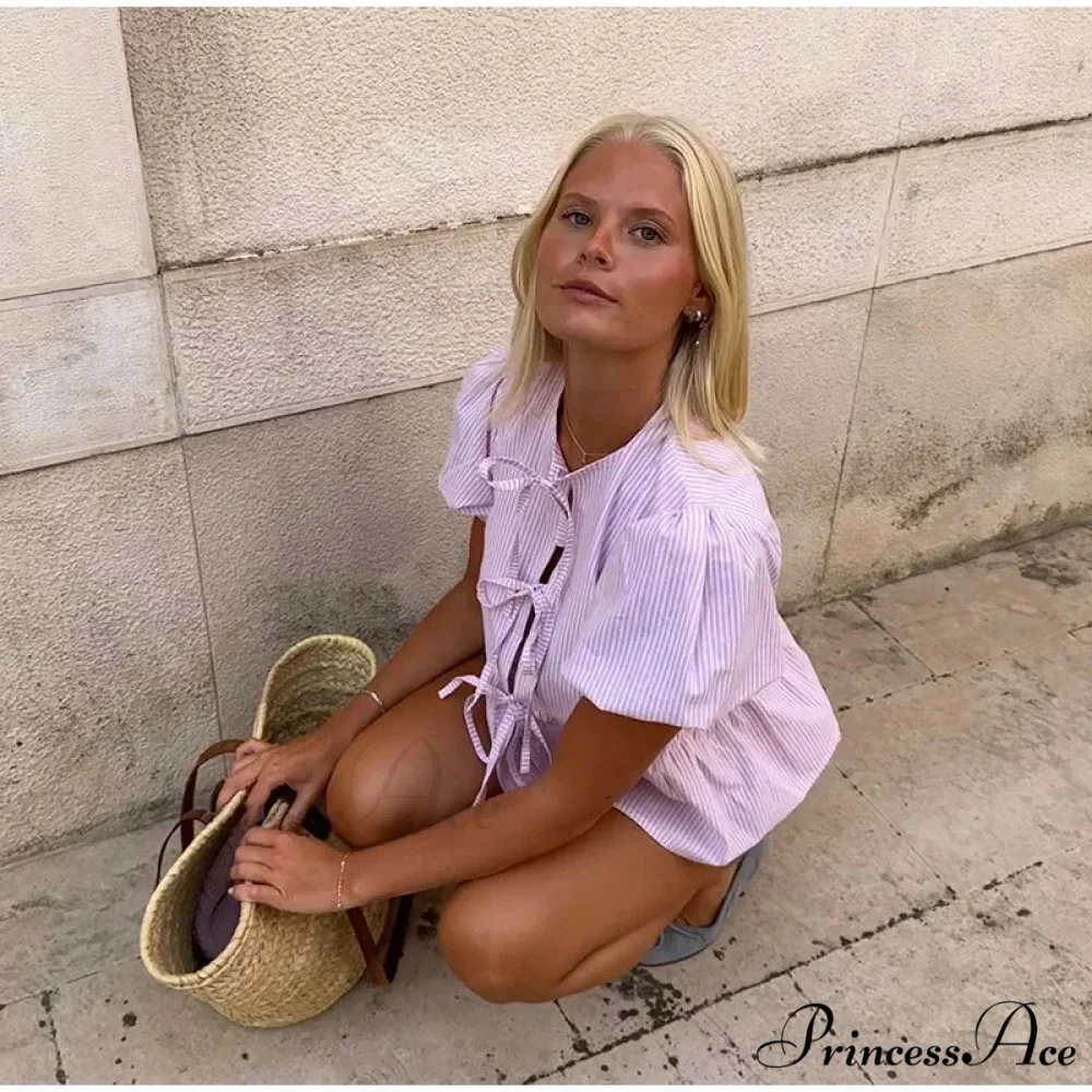 Pink Stripe Puff Sleeve Graceful Bow Top And Shorts Set - Image 3
