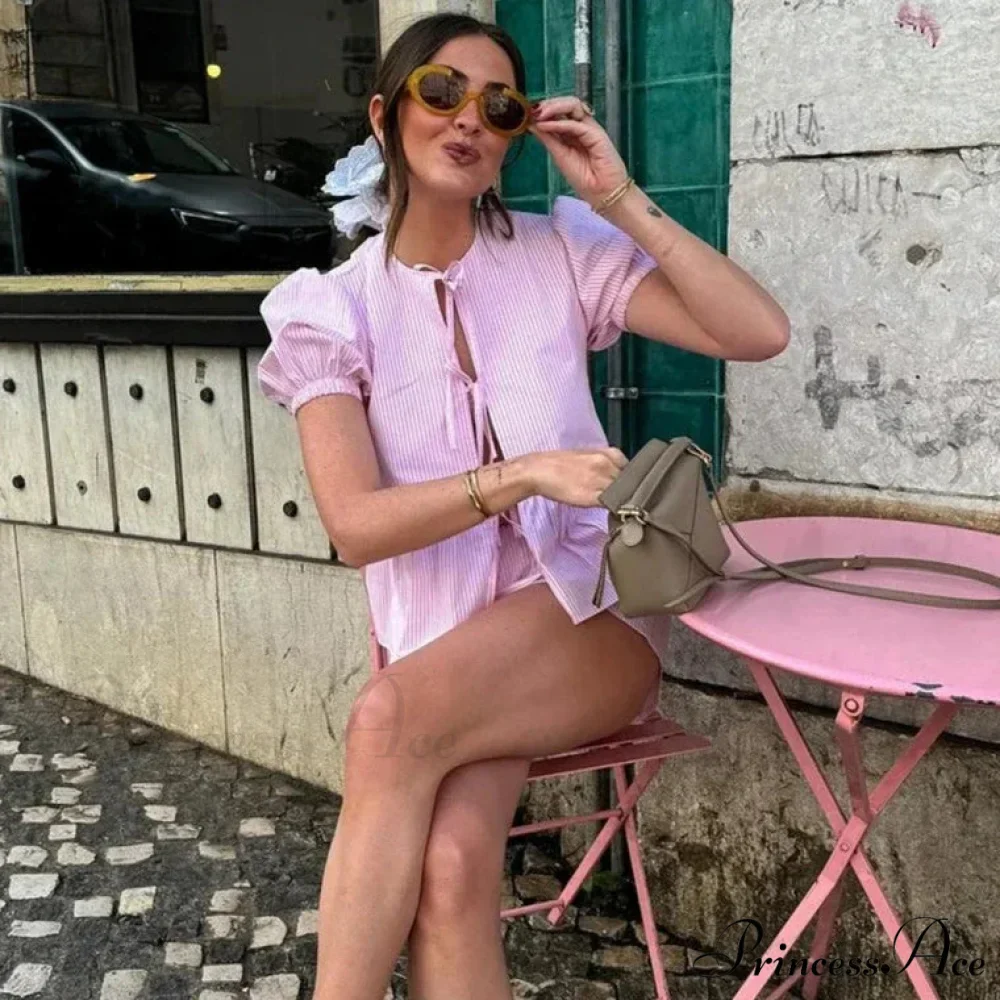 Pink Stripe Puff Sleeve Graceful Bow Top And Shorts Set - Image 6