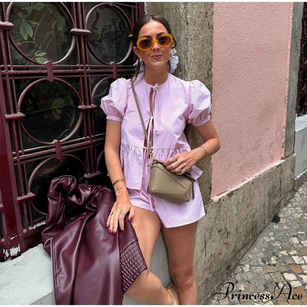 Pink Stripe Puff Sleeve Graceful Bow Top And Shorts Set - Image 7