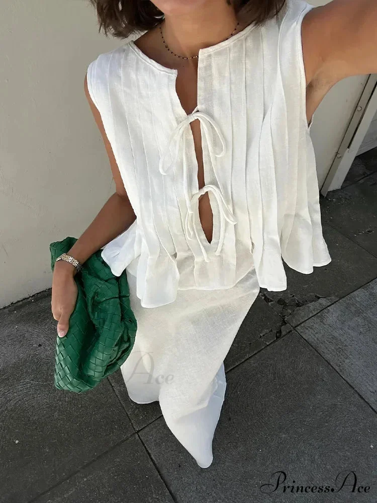 Pleated Tie Up Sleeveless Graceful Top And Midi Skirt Set - Image 2