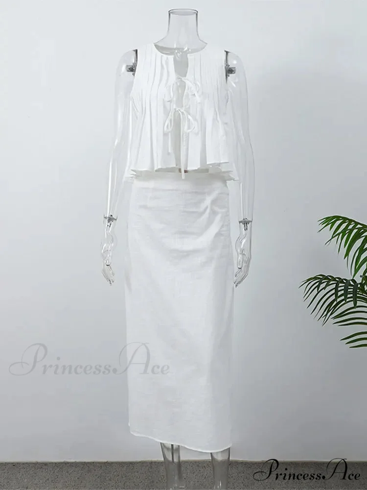 Pleated Tie Up Sleeveless Graceful Top And Midi Skirt Set - Image 3