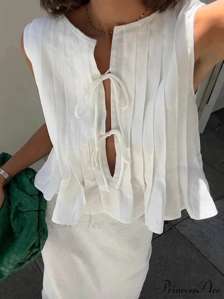 Pleated Tie Up Sleeveless Graceful Top And Midi Skirt Set - Image 5