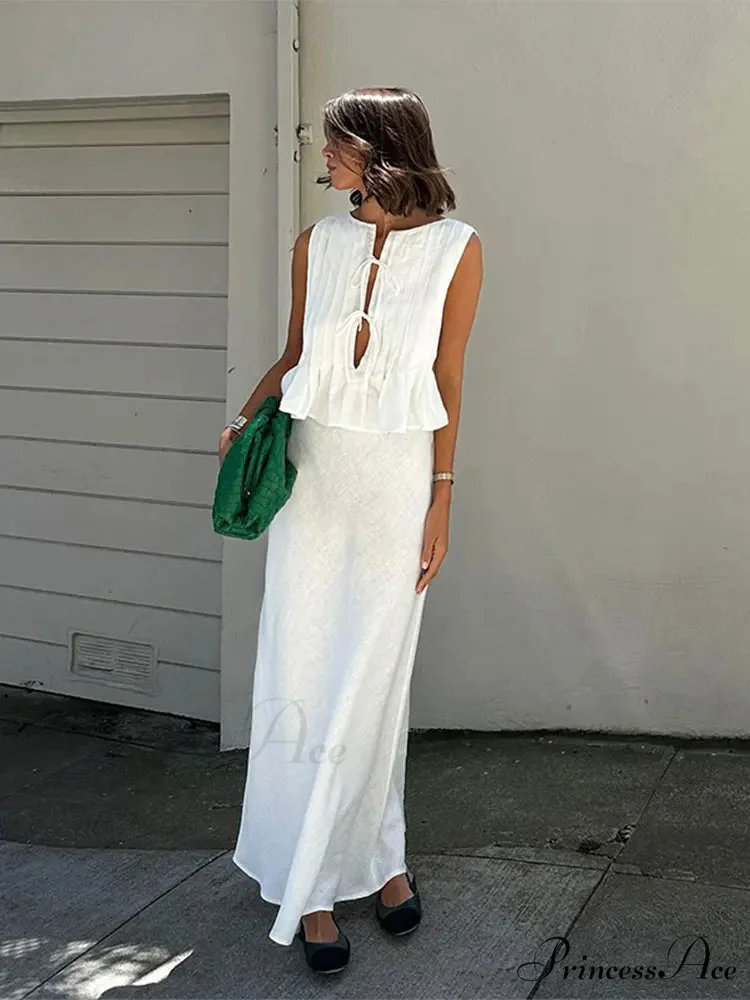 Pleated Tie Up Sleeveless Graceful Top And Midi Skirt Set - Image 6